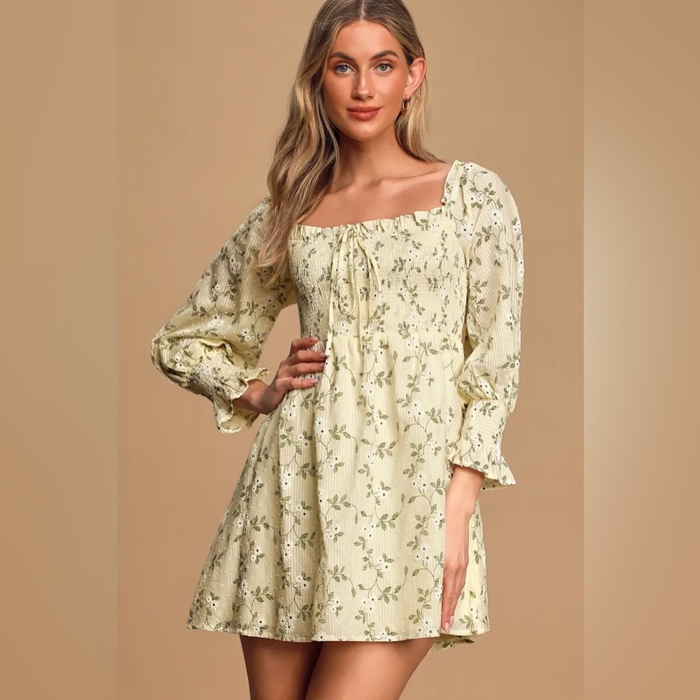 Lulus Doting Over You Light Yellow Floral Print Smocked Mini Dress